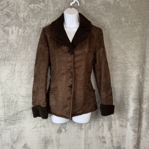Vintage Esprit Y2K Faux Sherpa Suede Coat Size Small Brown Penny Lane Preppy 90s - Picture 1 of 11